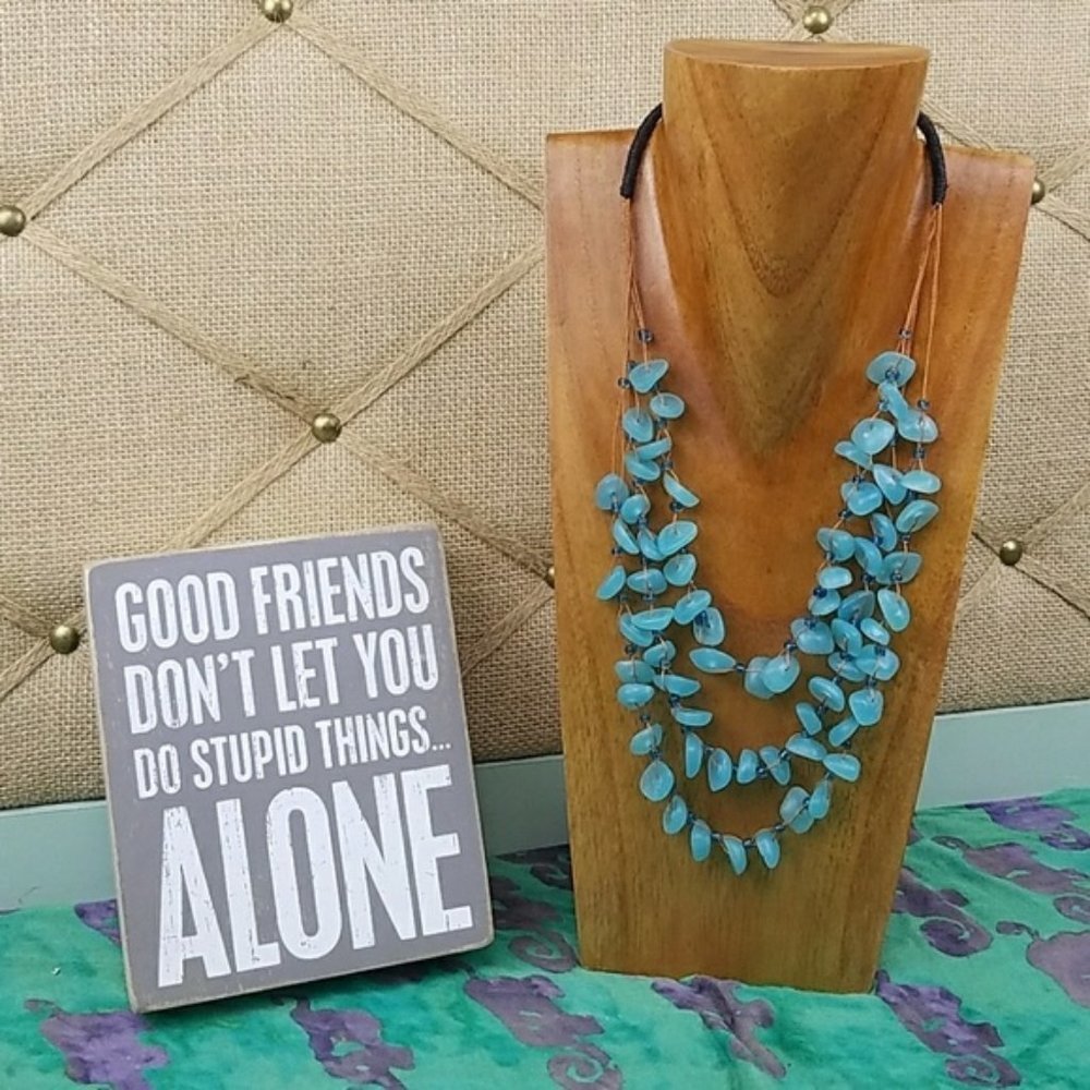 Aqua Blue Tiered Statement Necklace Layered Beads Preppy Boho Colorful Vacation